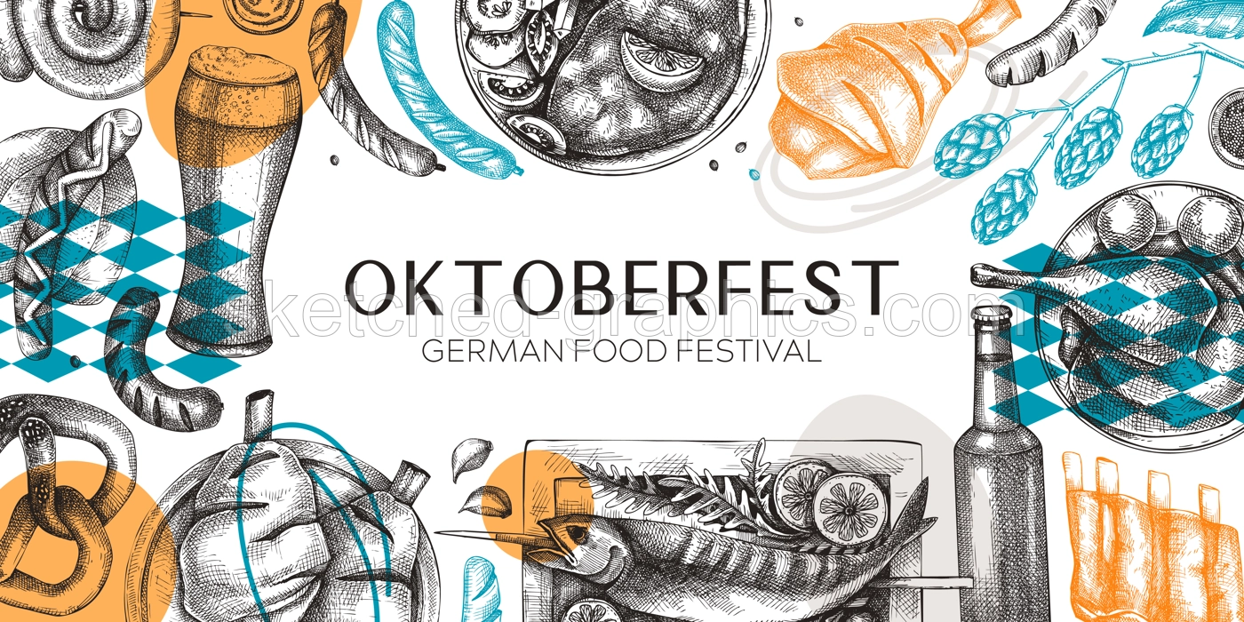 Collage style Oktoberfest background. German food and drinks menu design template. Meat dishes sketches. German cuisine vintage frame. Traditional beer festival banner. Oktoberfest party flyer Illustration